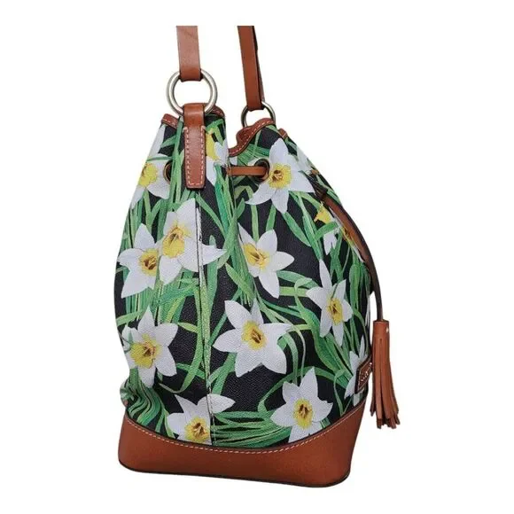 Dooney & Bourke Daffodil Tassel Drawstring Bucket Bag Purse Floral Leather Trim - Picture 7 of 13